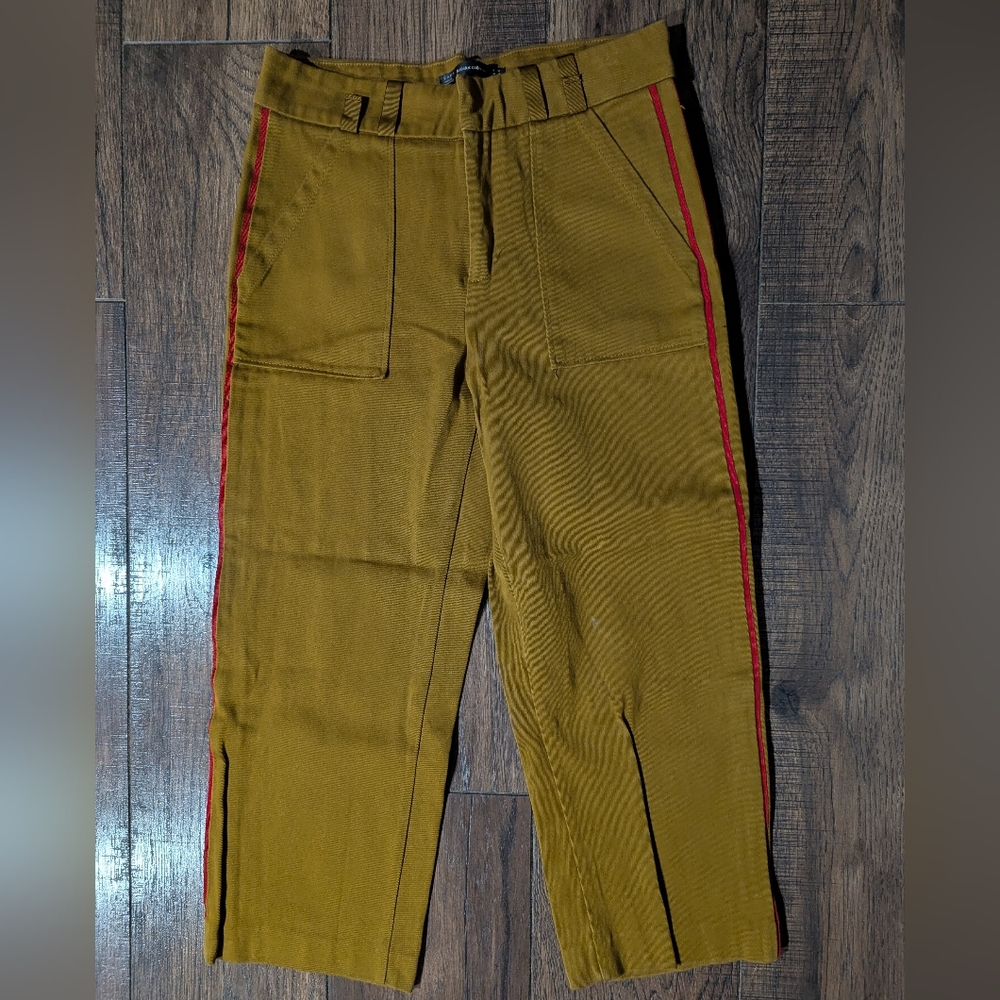 Zara Trafaluc Collection Mustard Capri Pants Red Side Stripe Waist Back Cinch M